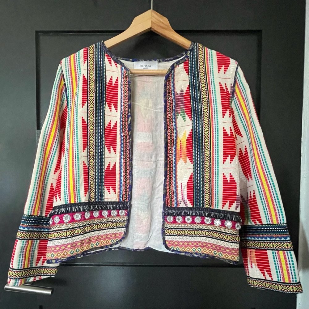 Bershka cropped patterned jacket, multicoloured